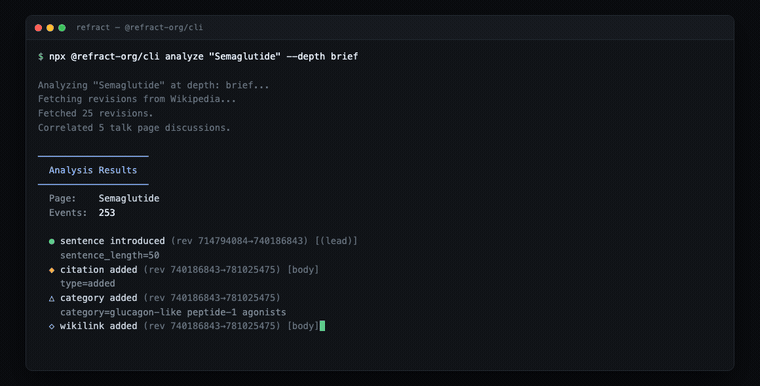 The Refract CLI analysing the Semaglutide revision history and emitting 253 change events