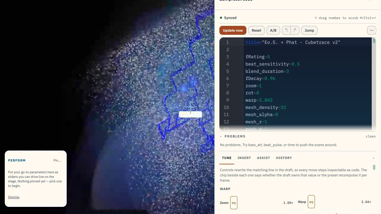 Stims: a browser-native MilkDrop-style visualizer with its preset editor open beside a playing preset
