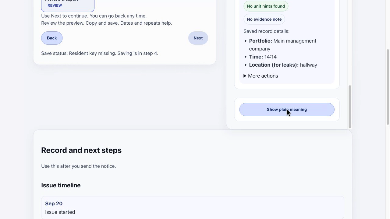 Tenant Tools (Building Ledger): a generated neutral repair notice for a building manager