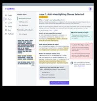 Andwise Contract Analyzer showing a detected anti-moonlighting clause, with physician- and employer-side readings and a handling decision
