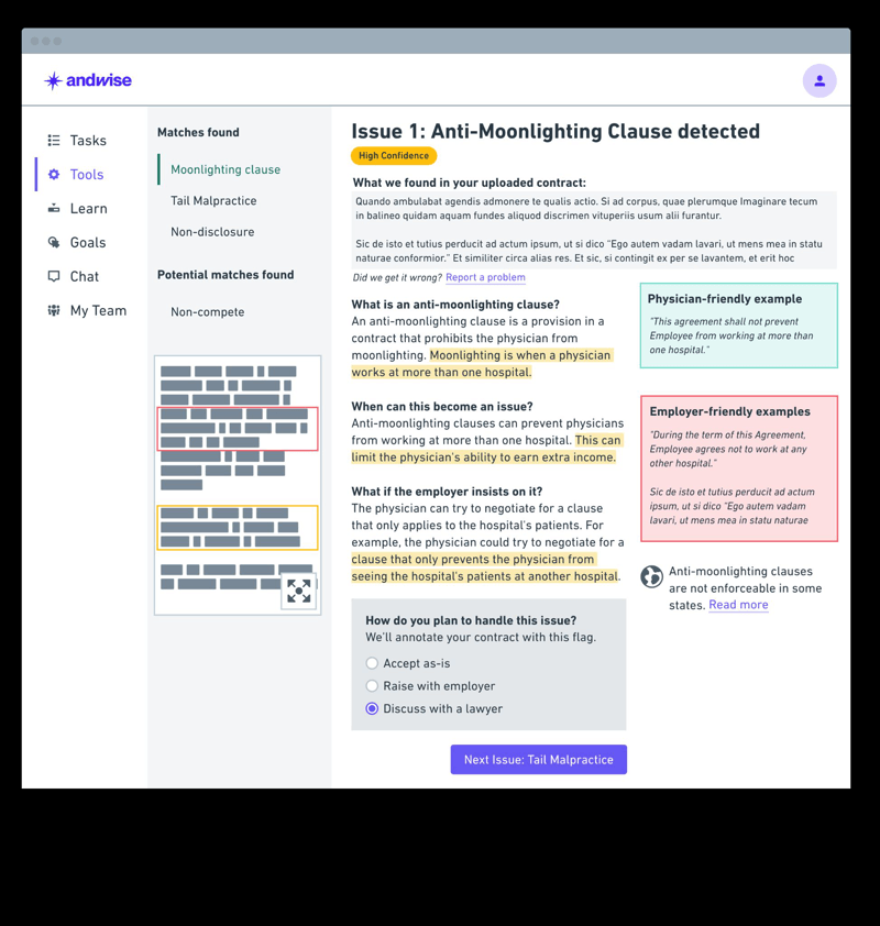 Andwise Contract Analyzer design — a detected contract clause with a confidence label, physician- and employer-friendly framing side by side, and a handling decision