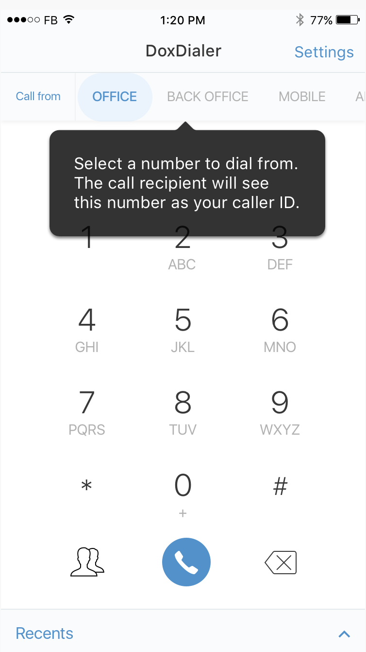 Doximity Dialer “Call from” selector set to OFFICE, with a tooltip explaining the recipient sees this number as caller ID