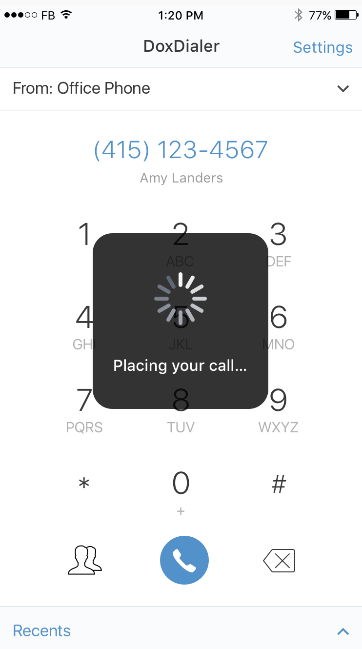 Doximity Dialer placing a call, headed “From: Office Phone”