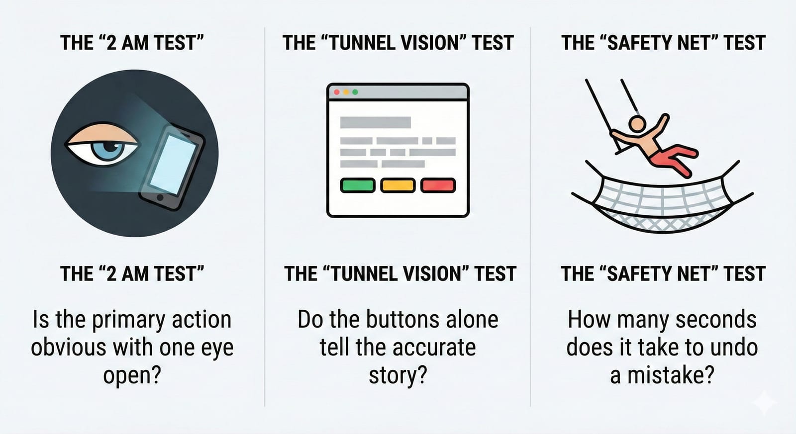 Designer’s checklist for low energy — the 2 AM test, tunnel vision test, safety net test