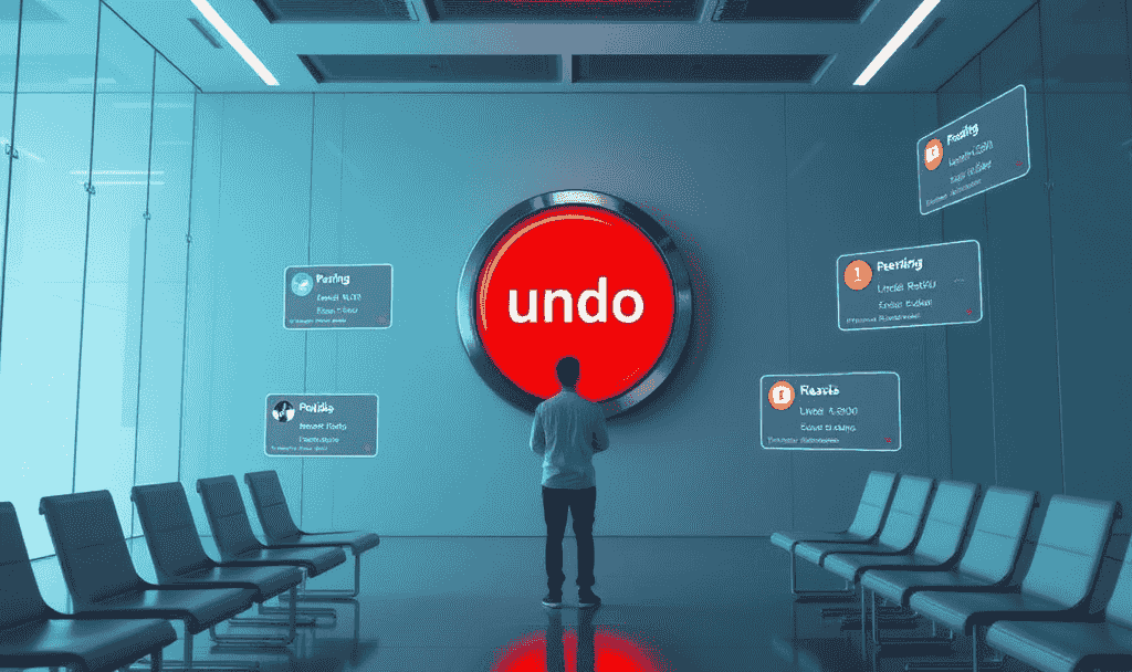 A person in a digital waiting room looking at an undo button locked behind glass